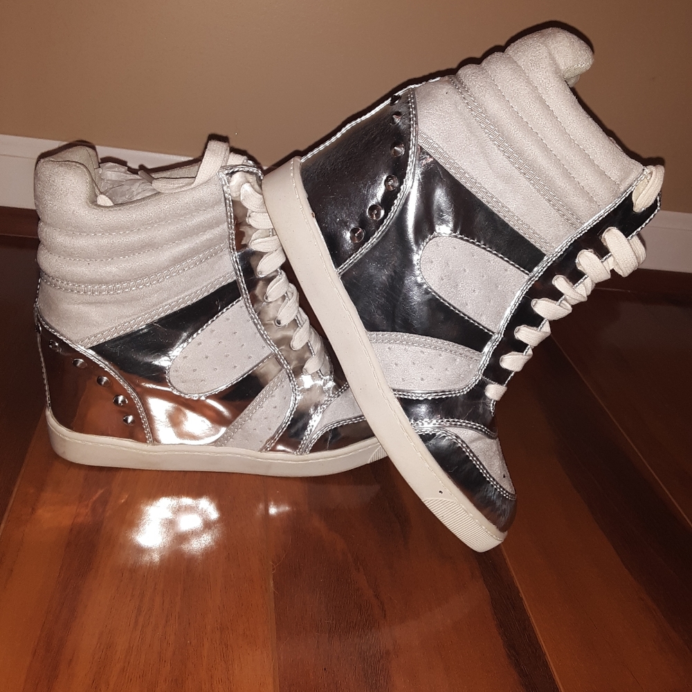 White and Chrome Silver Wedge Sneakers